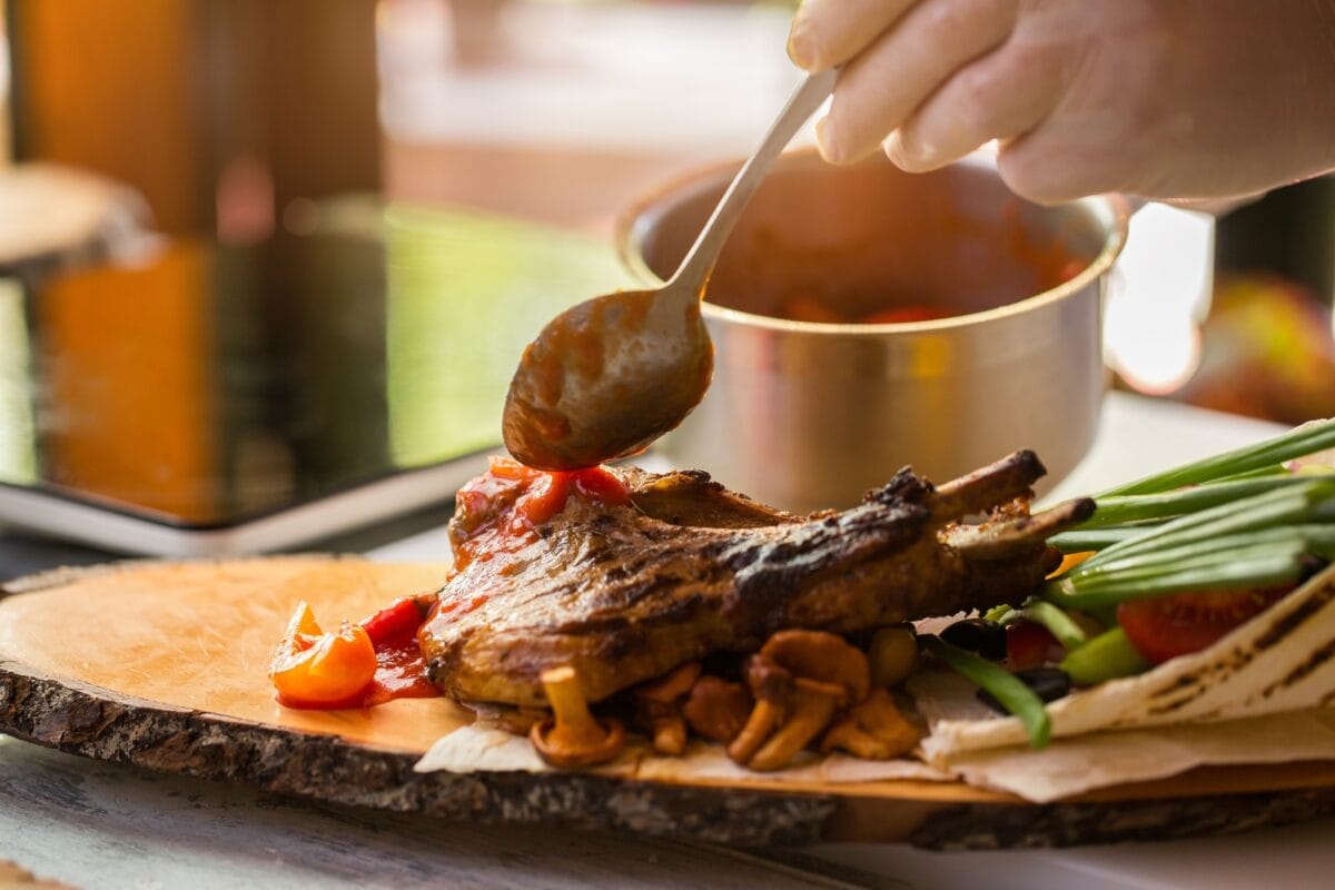 Cooked meat and vegetables