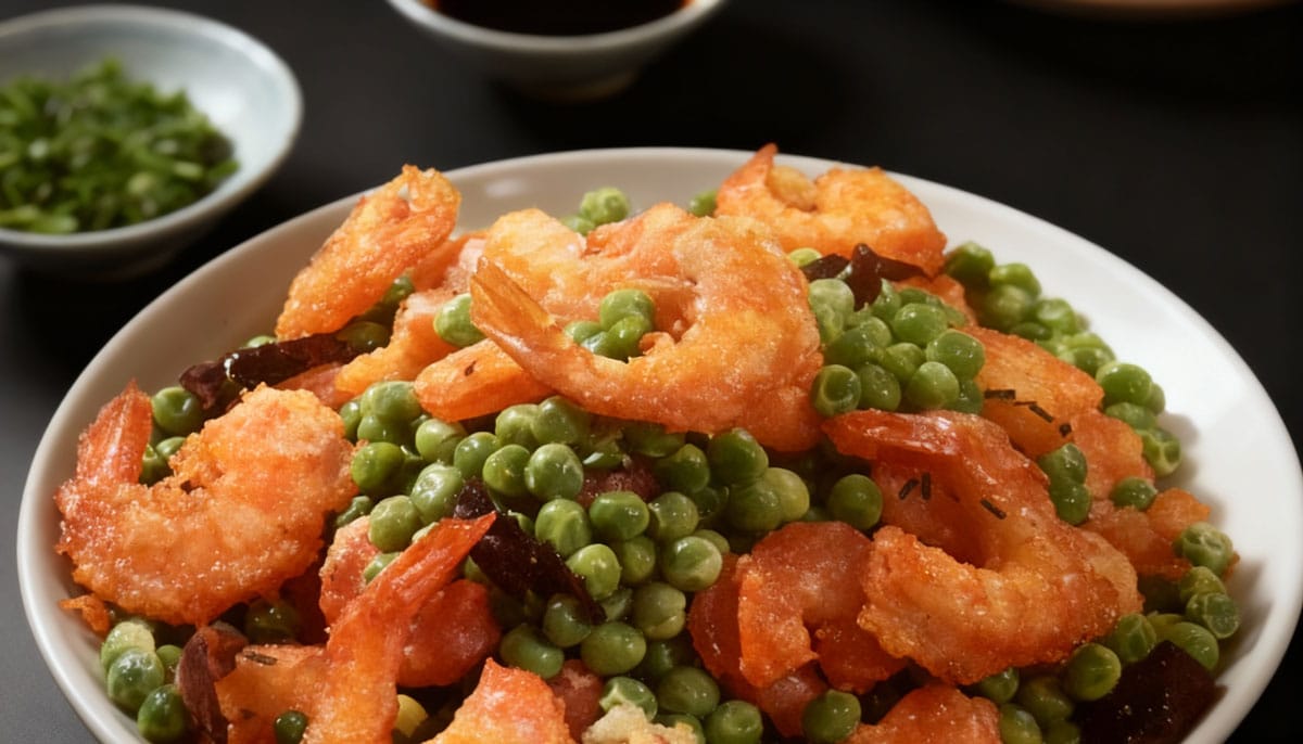 Crevettes frites aux petits pois à la chinoise