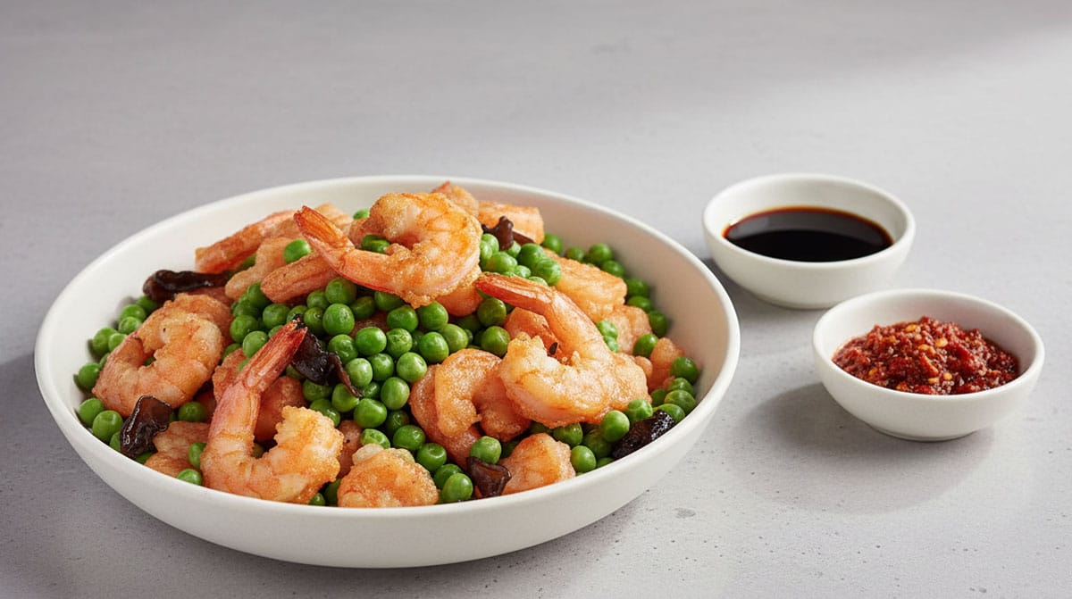 Crevettes frites aux petits pois à la chinoise