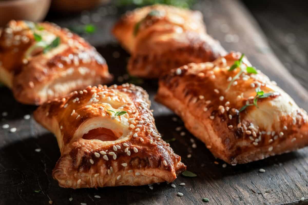 Délicieuse saucisse en pâte feuilletée avec sauce tatar et fines herbes