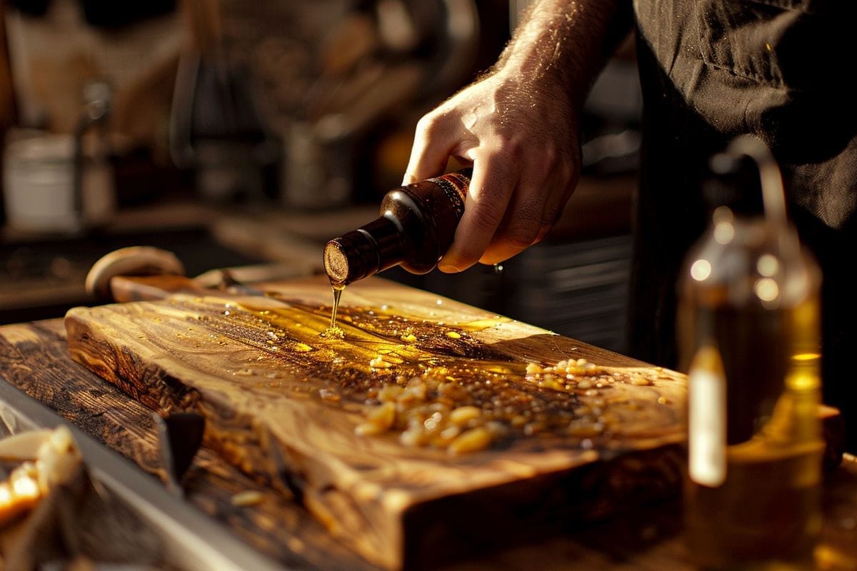 Natural wooden cutting board being oiled to prevent cracking.