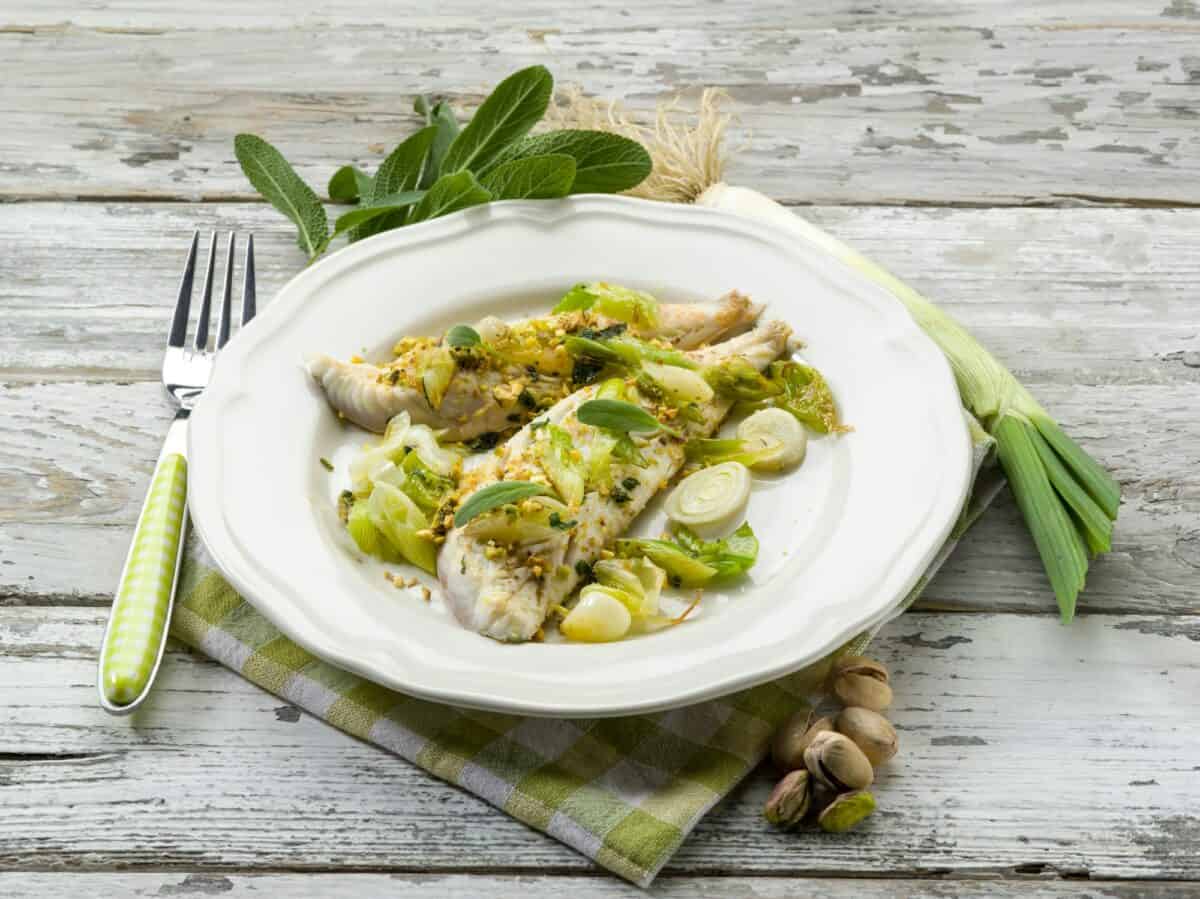 fish fillet with pistachio sage and leek