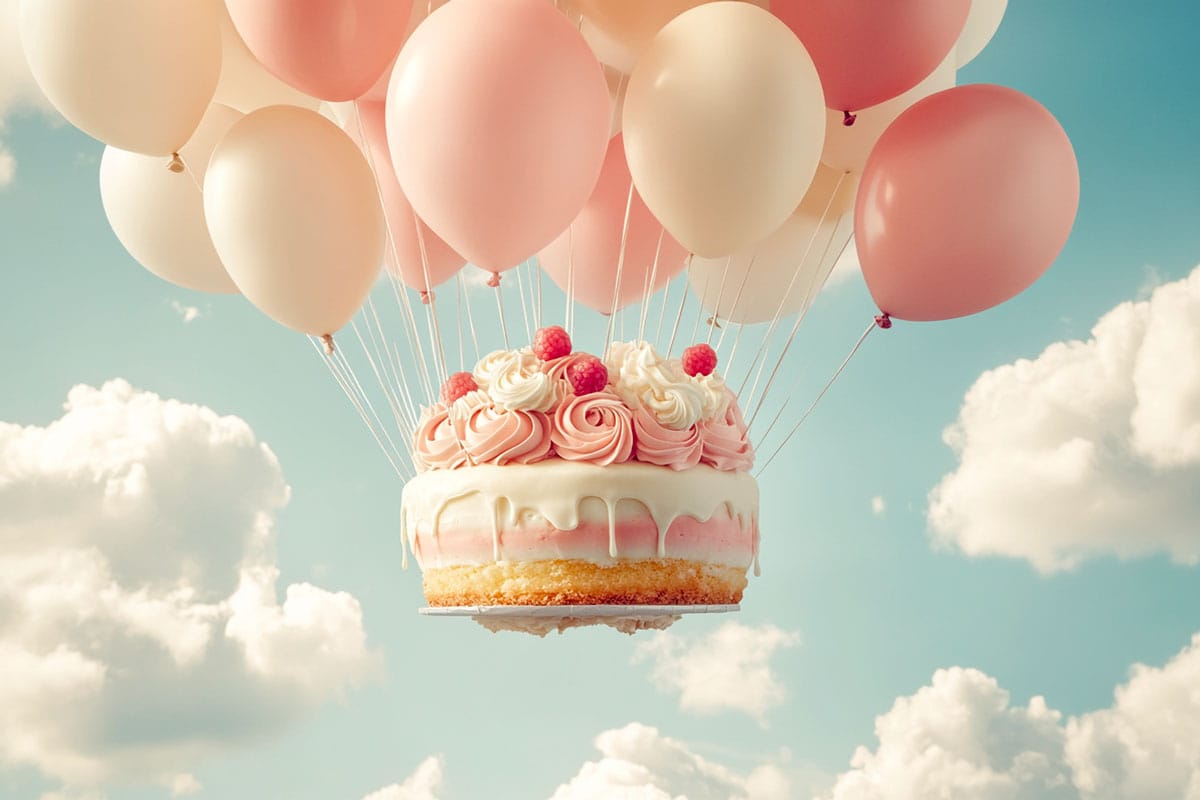Fluffy cake qui s'envole dans le ciel