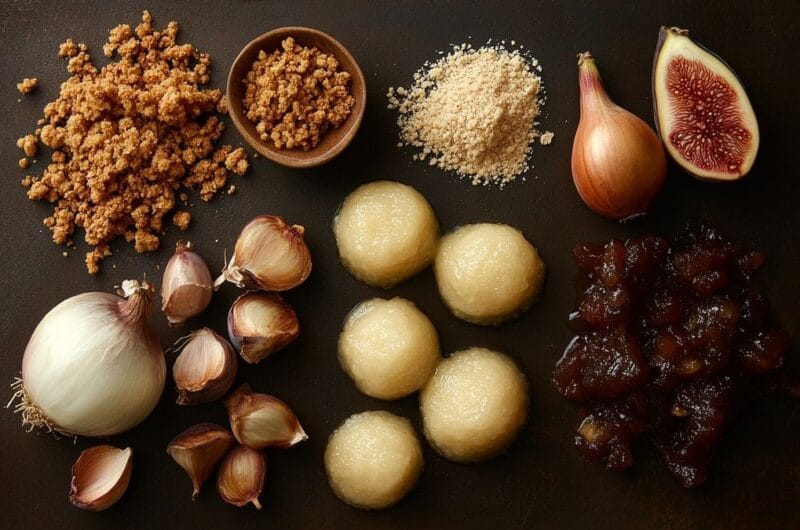 Verrines foie gras, compotée d'oignons doux, pain d'épices émietté, chutney de figues