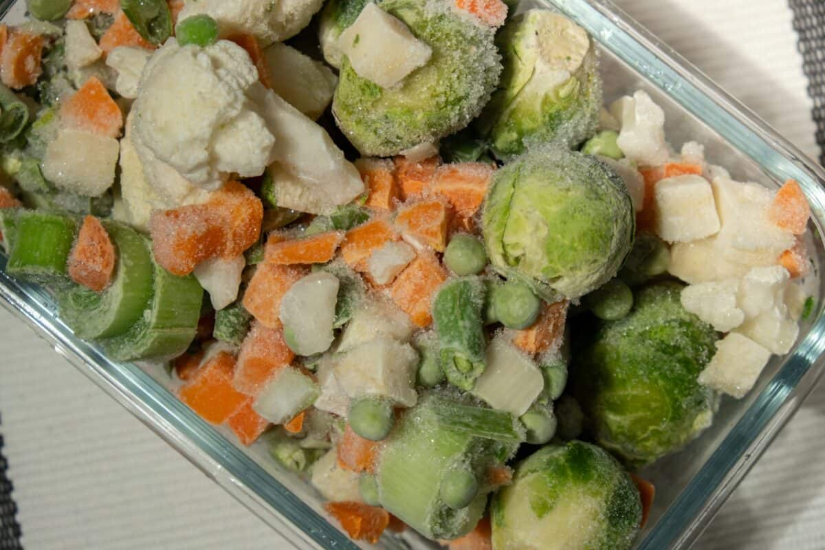 Frozen mixed vegetables for long-term storage. Deep freezing of vegetables. defrosting Frozen food
