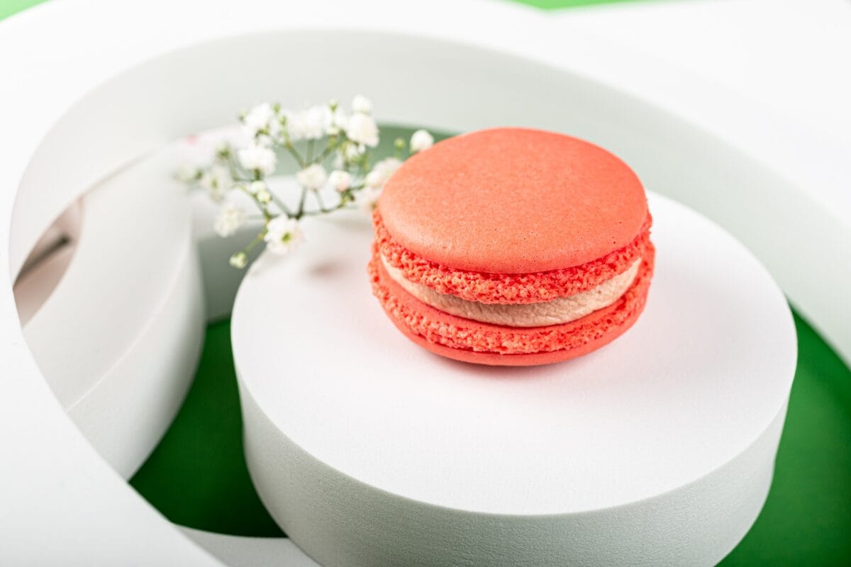 Cake macaron or macaroon on green background