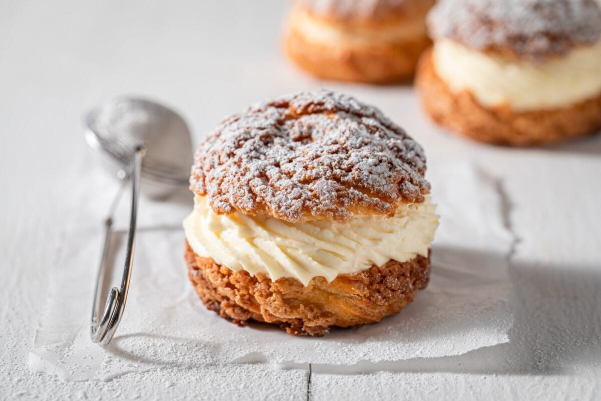 Homemade and tasty cream puffs made of sugar and cream