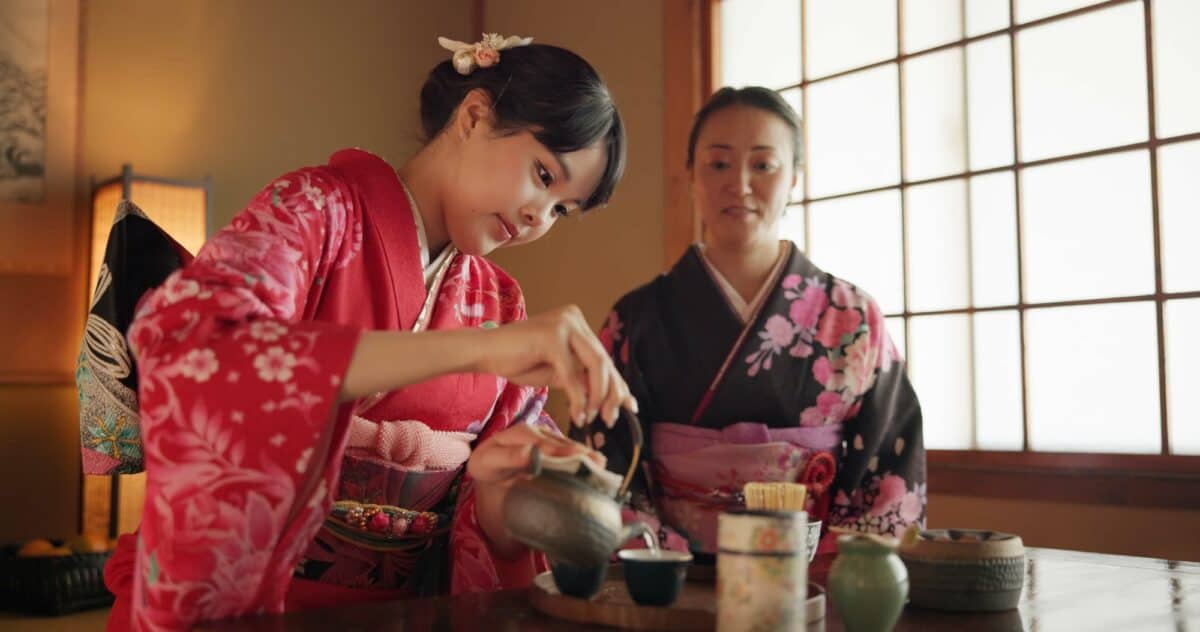 Japanese, friends or kimono for tea ceremony in Chashitsu room with peace or custom tradition. Wome