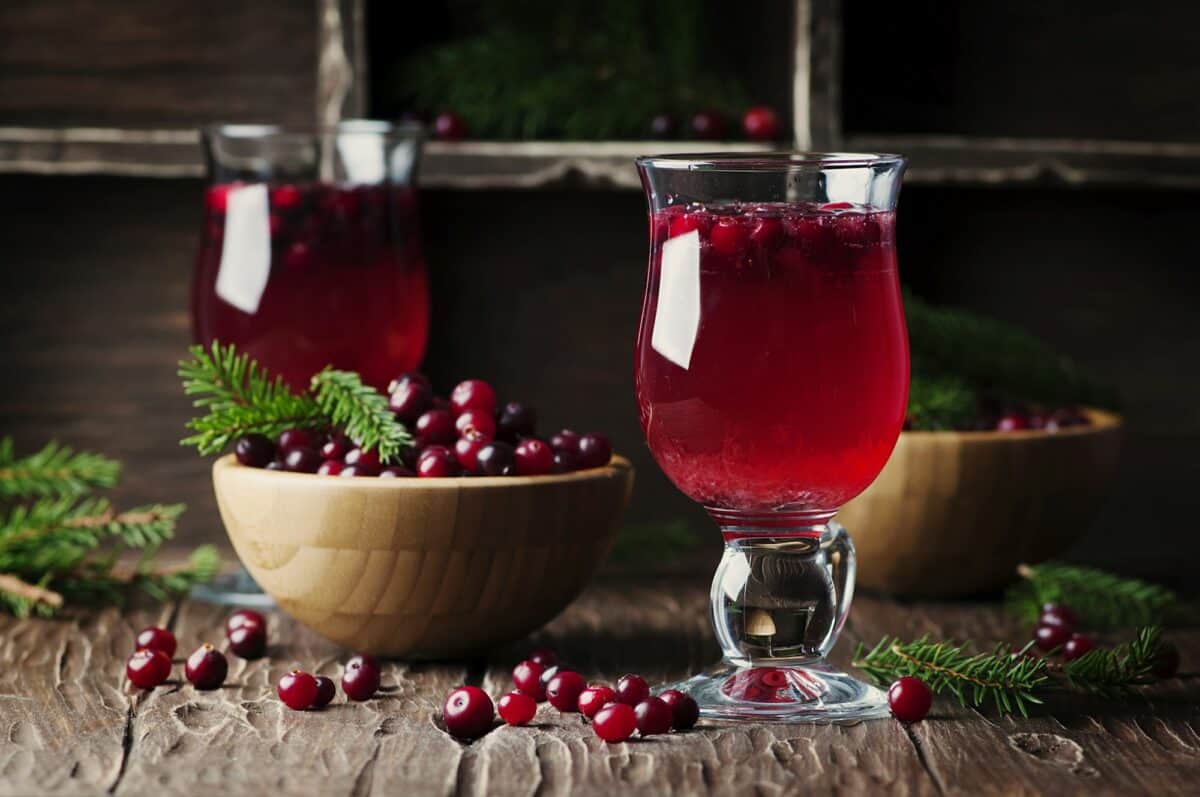 Jus de canneberge rouge frais sur la table vintage