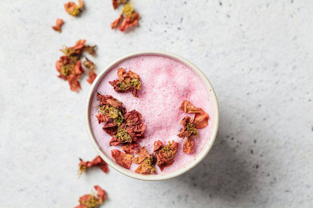 Lait de lune à la fleur rose dans une tasse blanche. Boisson ayurvédique, mode de vie sain, remède contre l'insomnie.