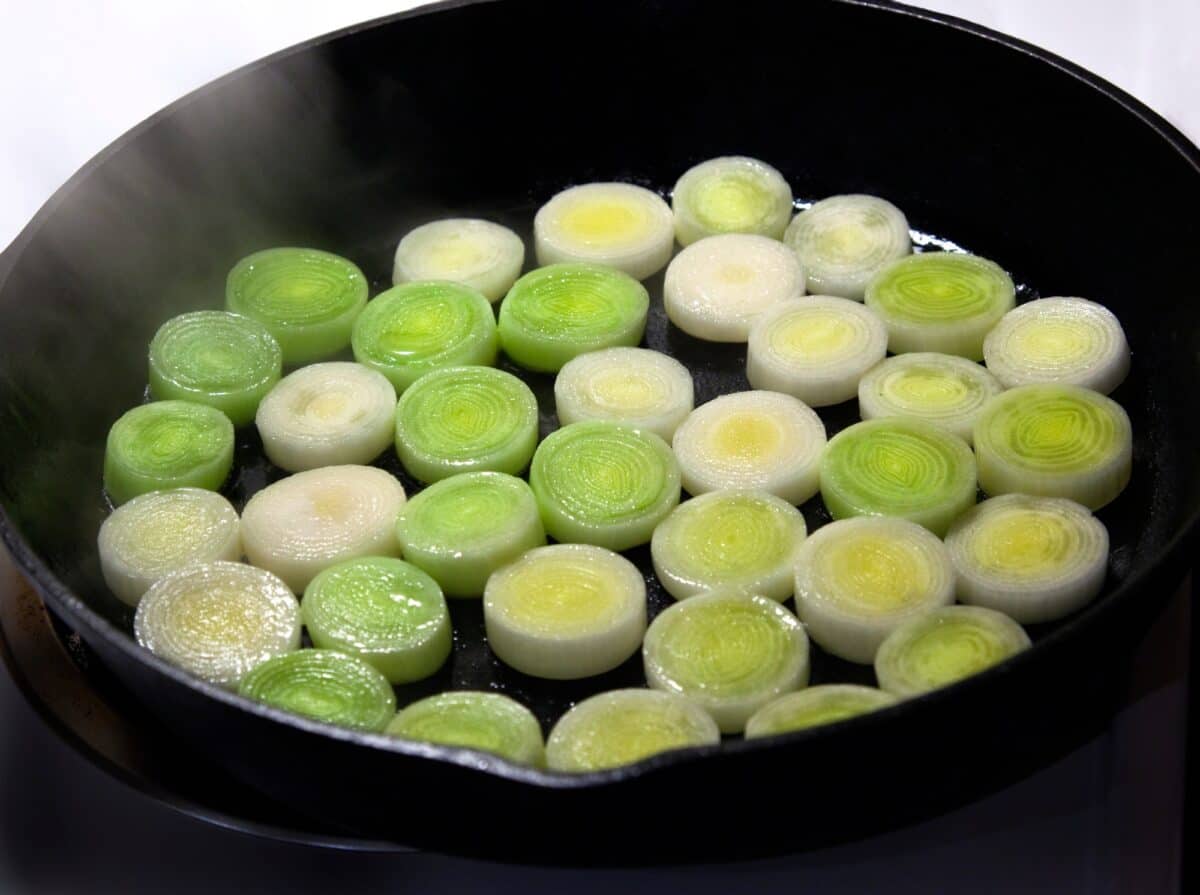 Leeks Cooking in Cast Iron Skillet