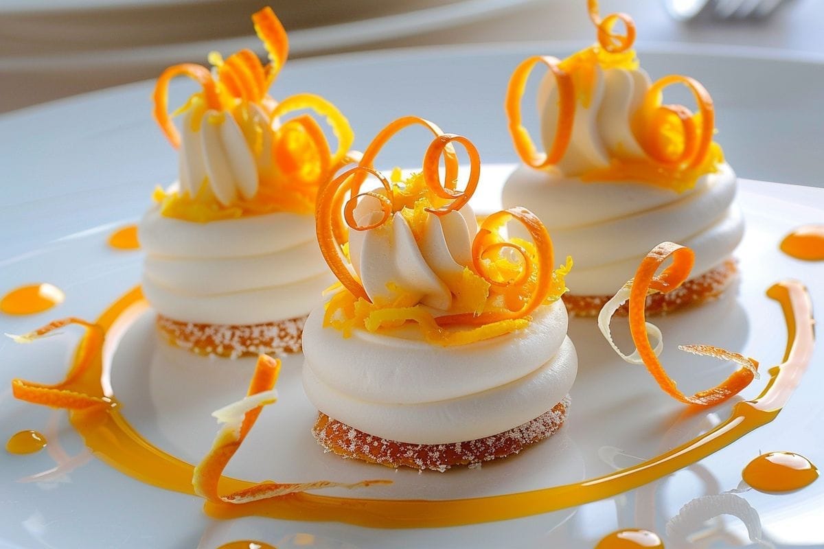Elegant decorations made from citrus zests on a gourmet dessert.