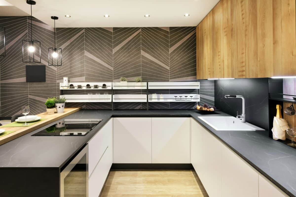 Long narrow fitted kitchen interior