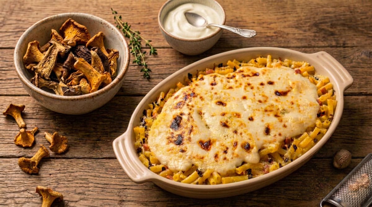 Macaroni au jambon et aux champignons