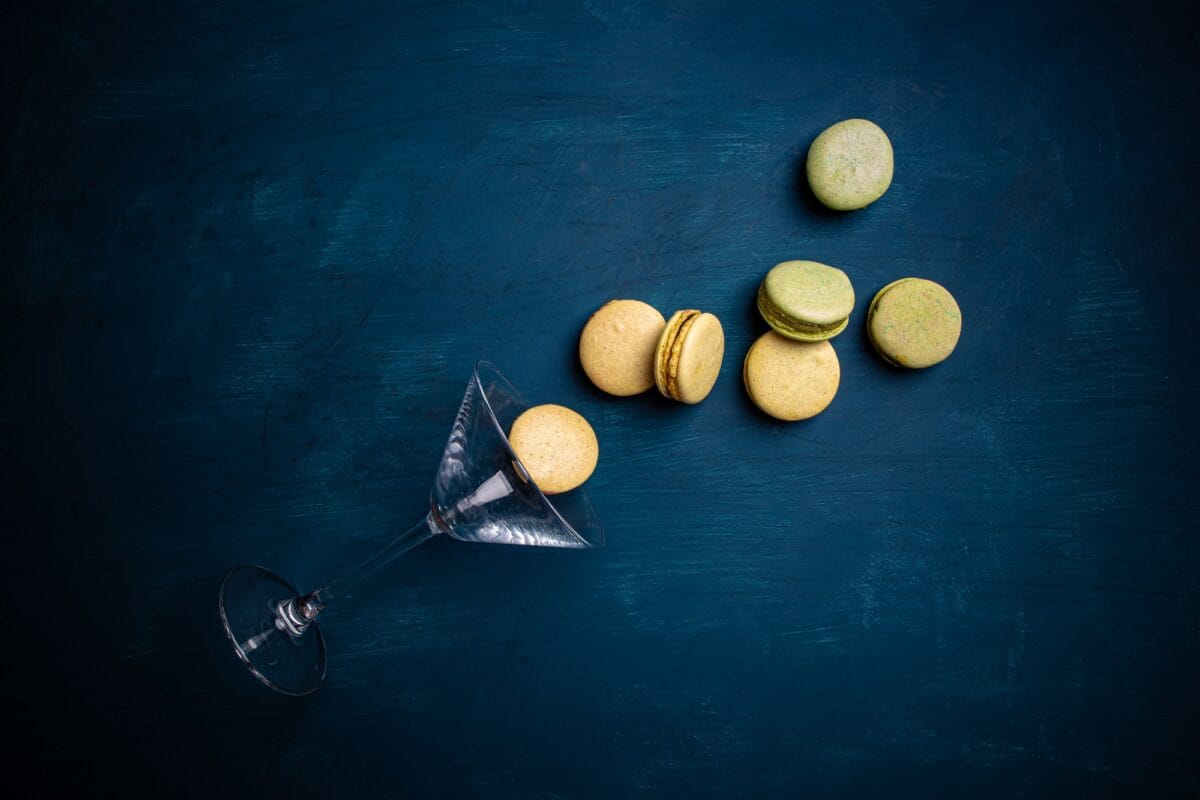 Spilled macarons from martini glass