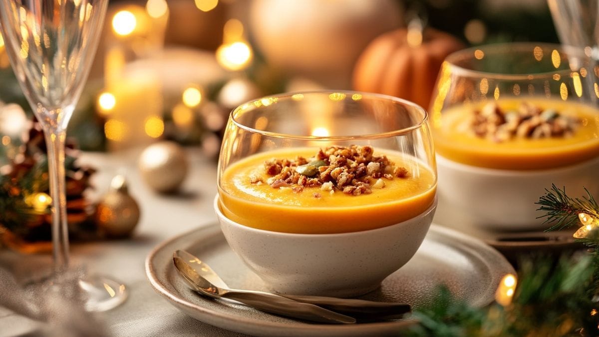 Mini-verrines festives : velouté de butternut aux éclats de châtaignes et sa mousse de chèvre