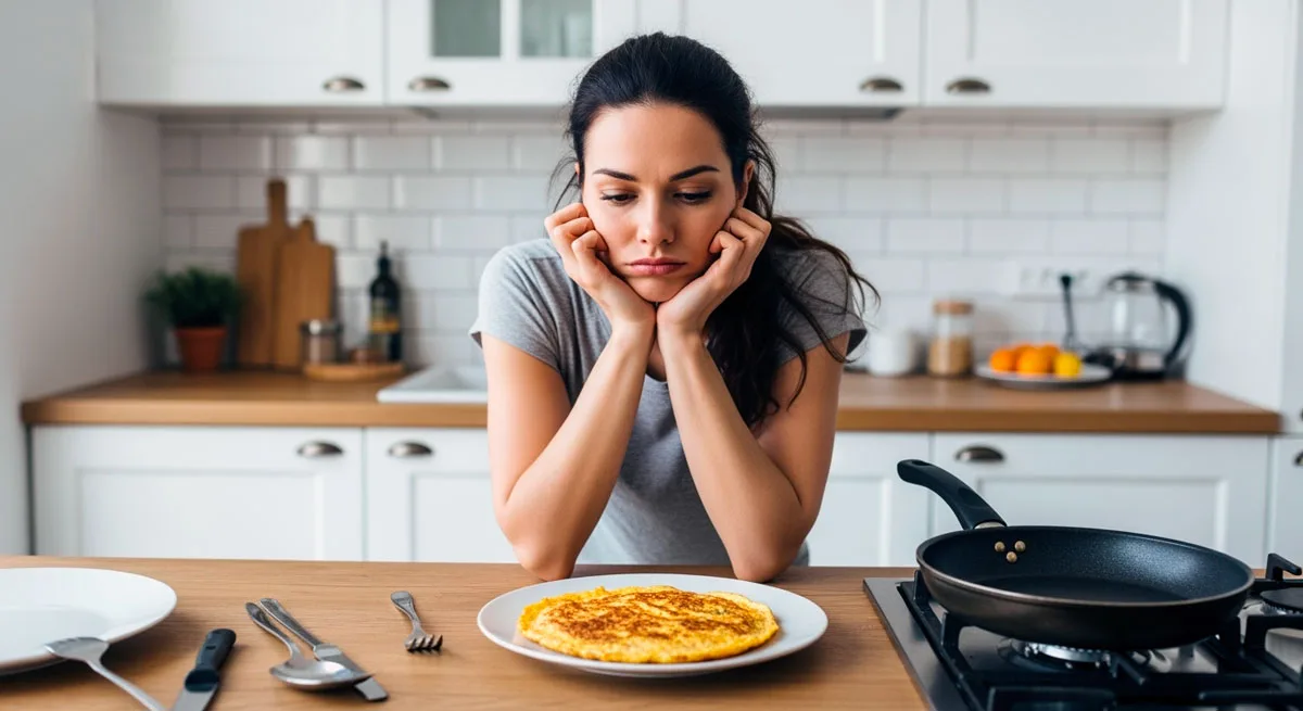 Femme déçue par son omelette