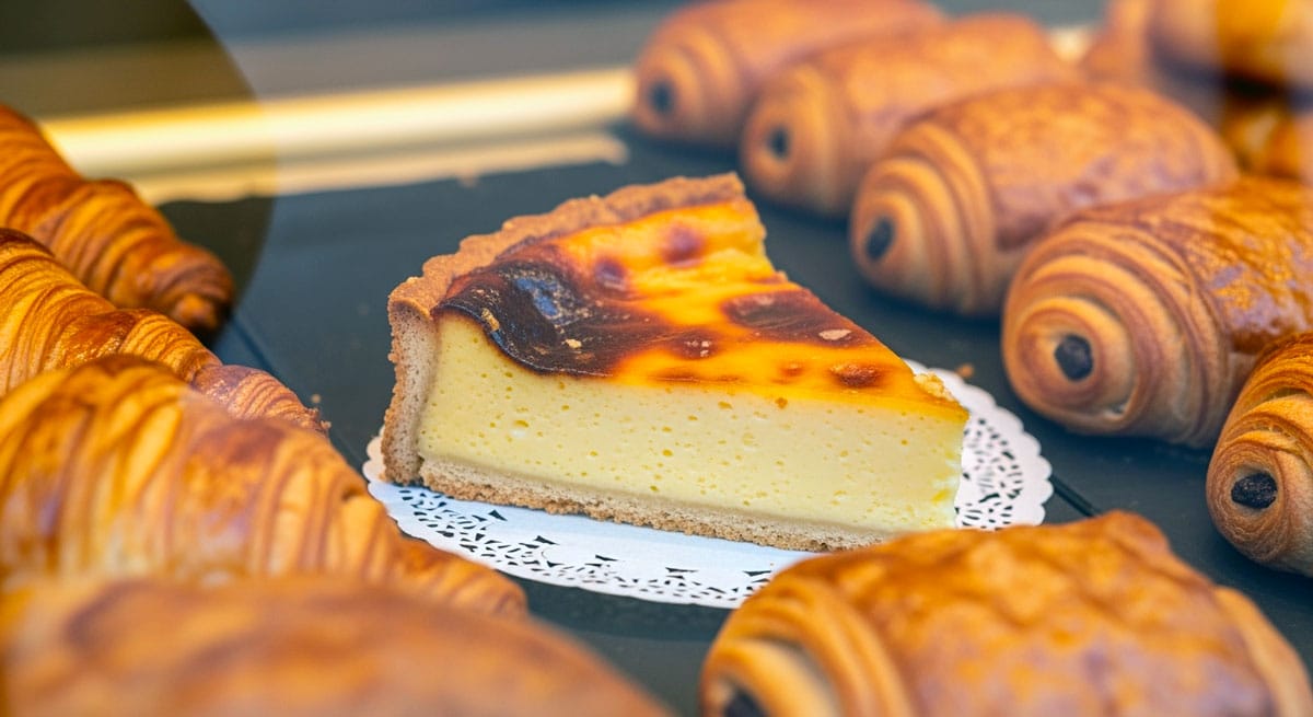 Part de flan pâtissier dans la vitrine d'un pâtissier