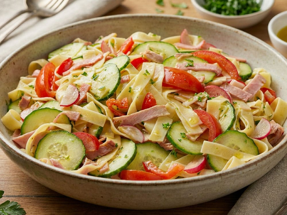 Salade composée de pâtes et de crudités