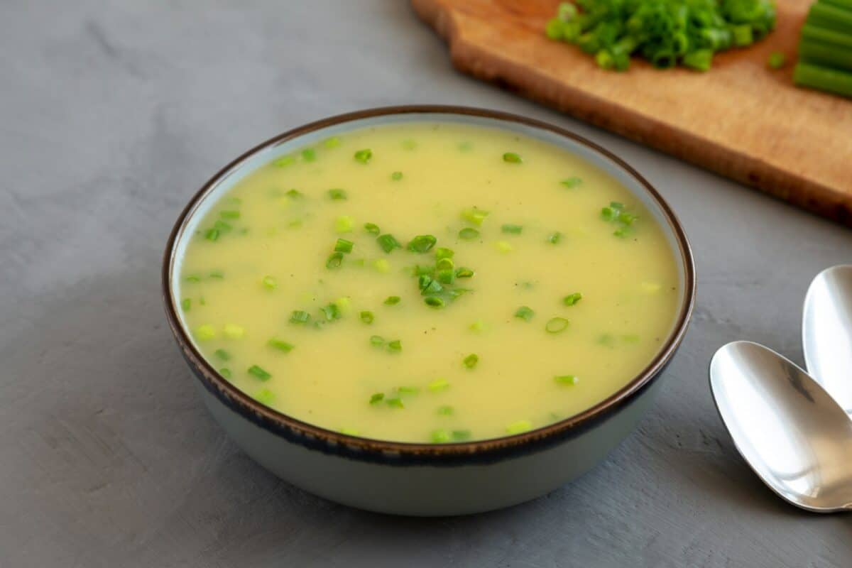 Soupe maison aux poireaux et pommes de terre dans un bol sur fond gris, vue de côté.