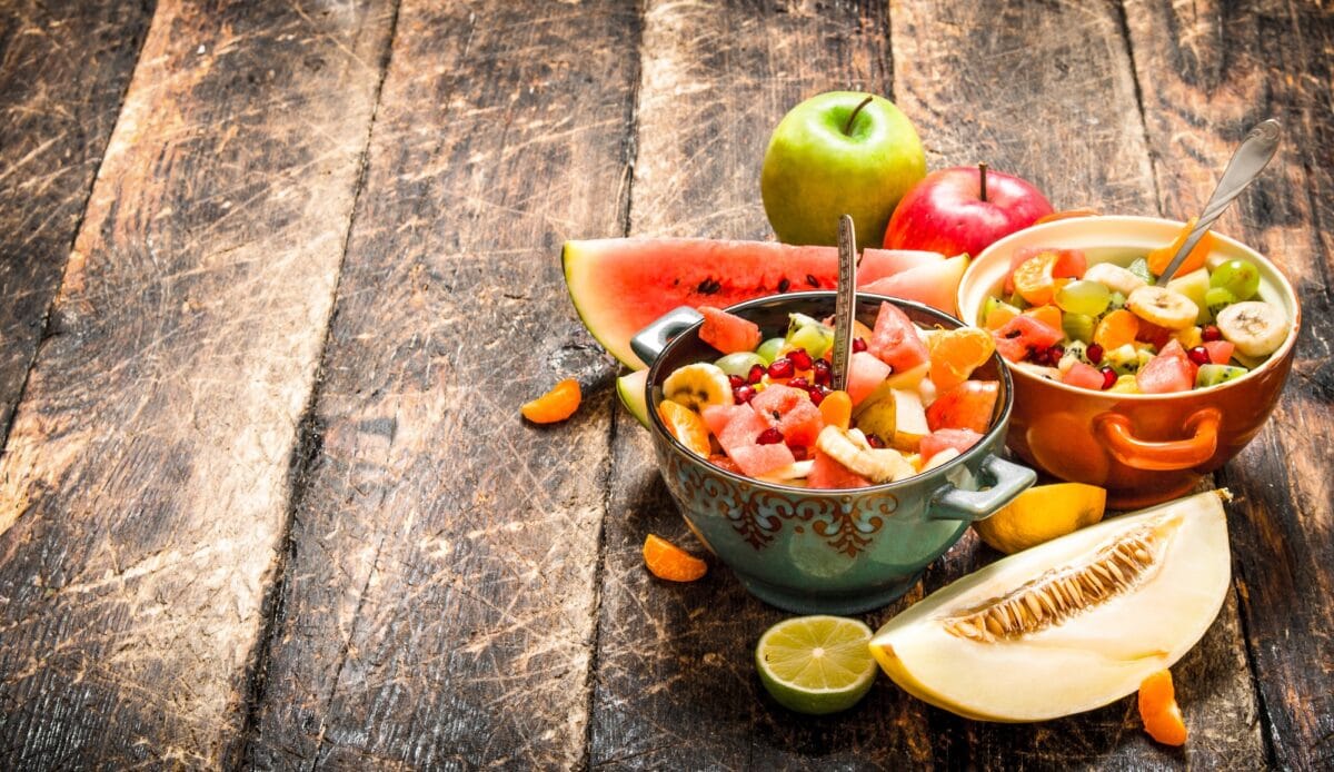 Summer food . Salad of tropical fruits.