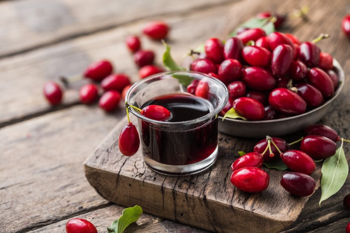 Sweet liqueur made from ripe cornelian cherry and alcohol