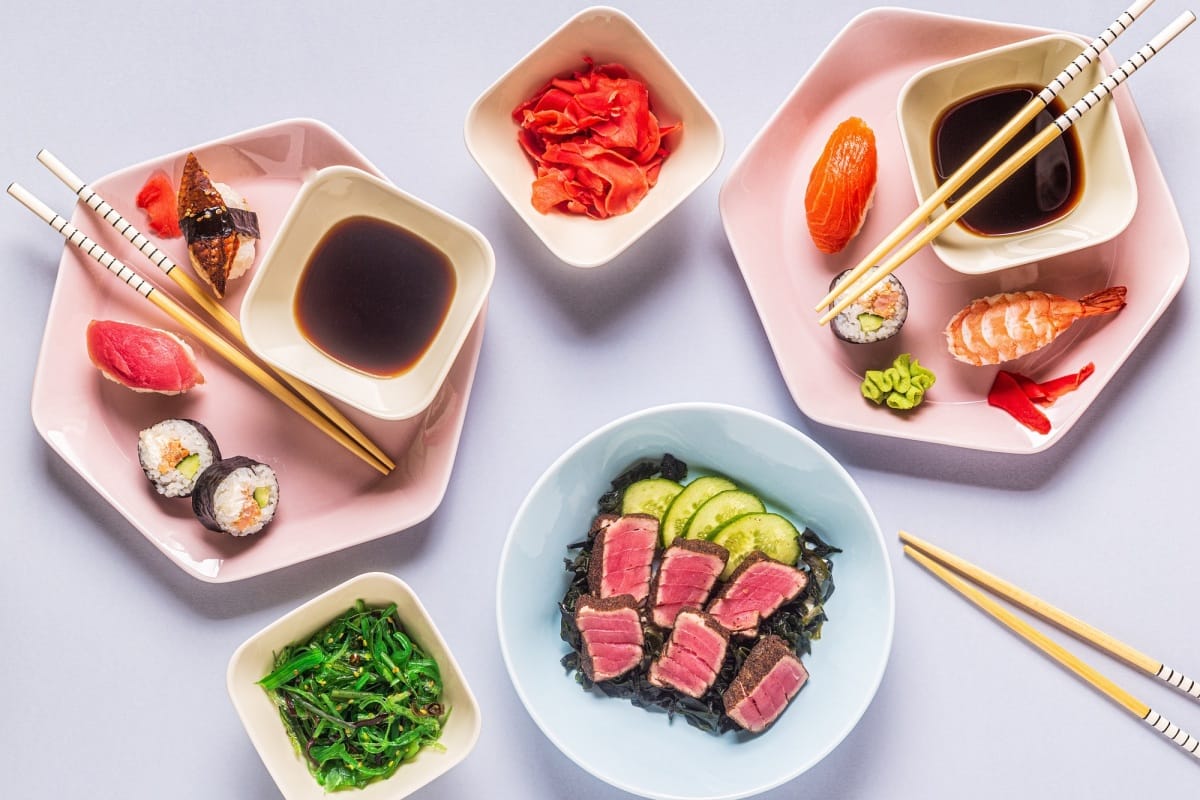 Table with traditional japanese food.