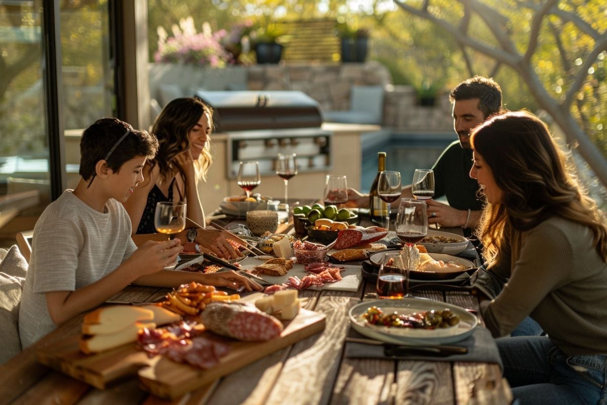 Family enjoying charcuterie at a stylish dining table.
