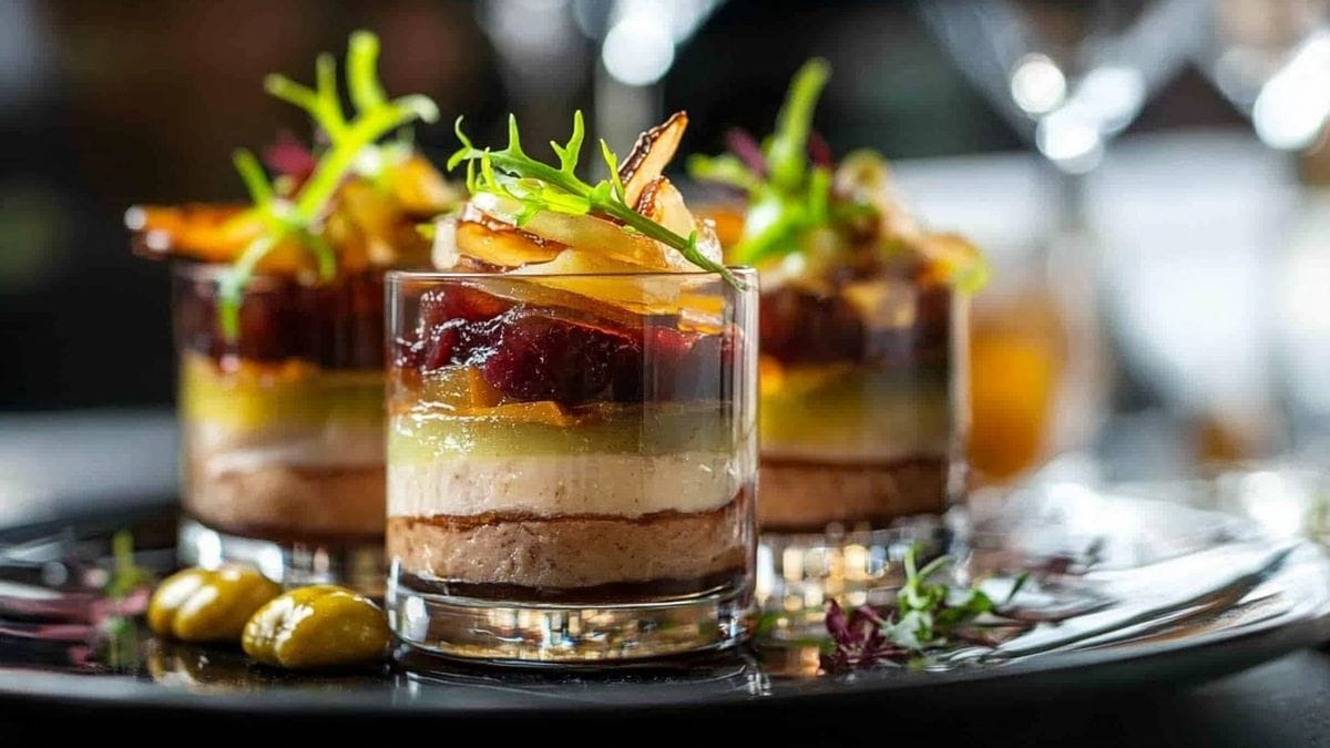 Verrines de foie gras au pain d’épices, compotée d’oignons et chutney de figues : la recette festive