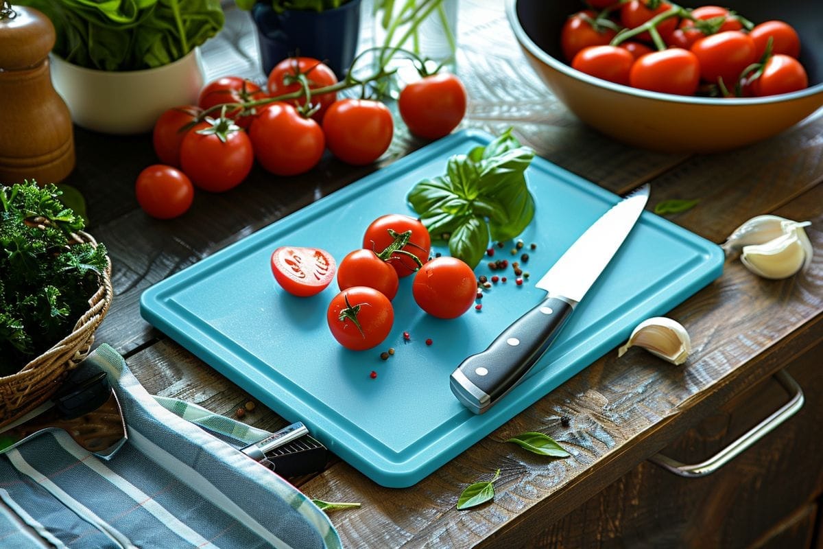Arcos plastic cutting board with builtin knife sharpener, ideal for busy cooks.