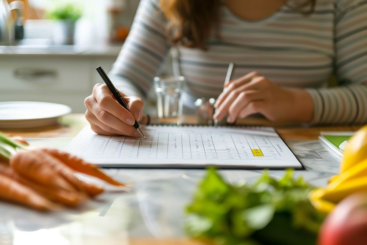Planning meals: A woman writing a meal plan on a calendar